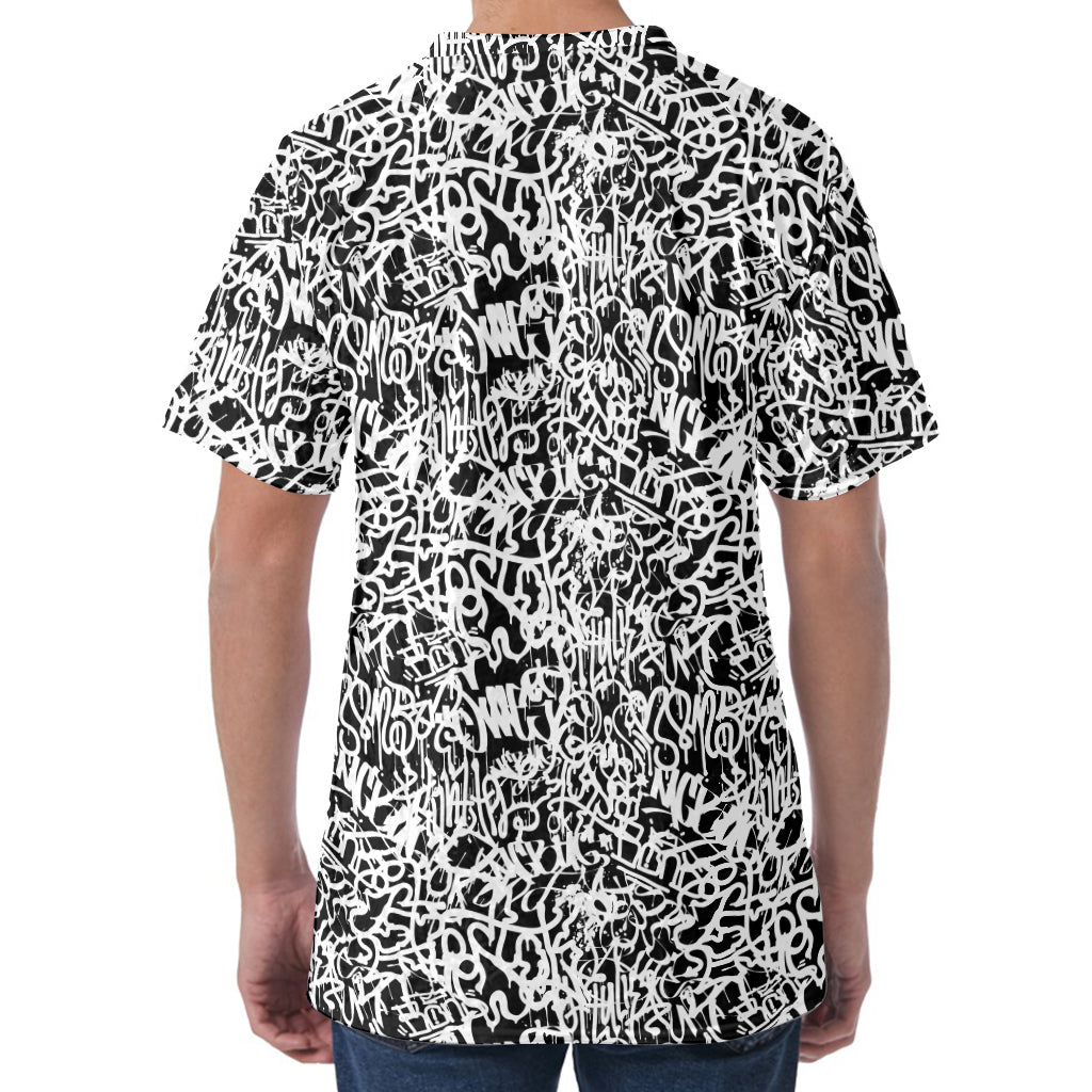 Black And White Graffiti Pattern Print Men's Velvet T-Shirt