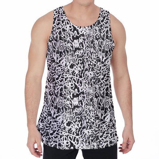 Black And White Graffiti Pattern Print Men's Velvet Tank Top
