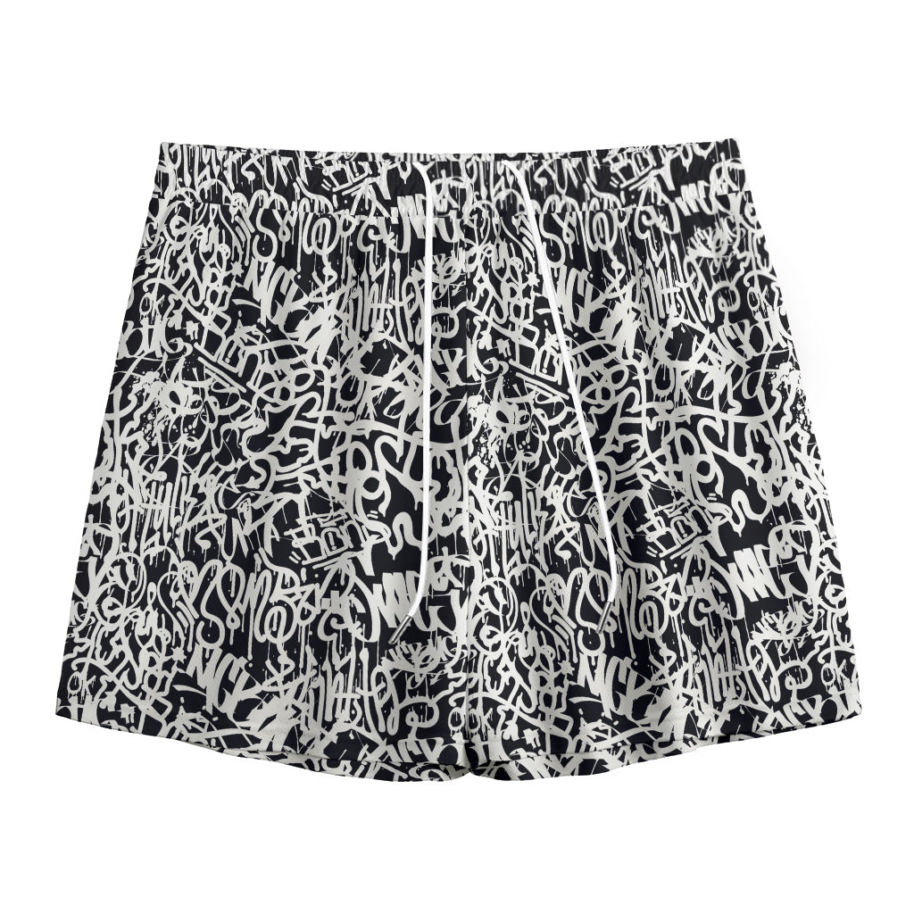 Black And White Graffiti Pattern Print Mesh Shorts