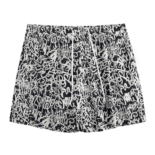 Black And White Graffiti Pattern Print Mesh Shorts