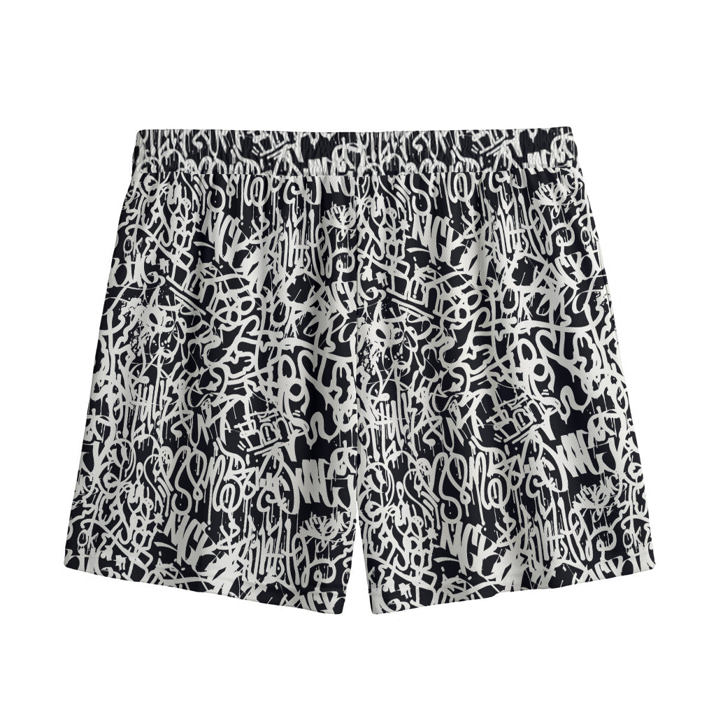 Black And White Graffiti Pattern Print Mesh Shorts