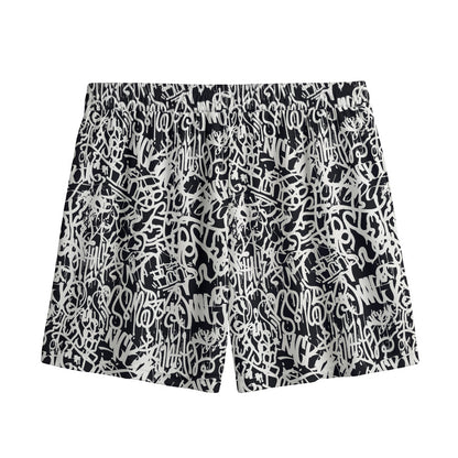 Black And White Graffiti Pattern Print Mesh Shorts