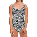 Black And White Graffiti Pattern Print One Piece Swimsuit