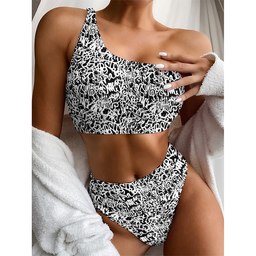 Black And White Graffiti Pattern Print One Shoulder Bikini Top