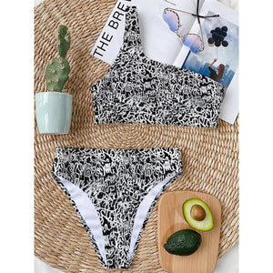 Black And White Graffiti Pattern Print One Shoulder Bikini Top