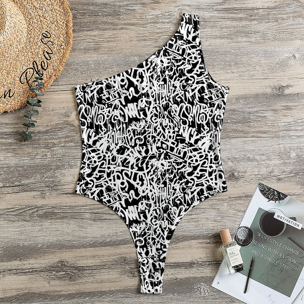 Black And White Graffiti Pattern Print One Shoulder Bodysuit