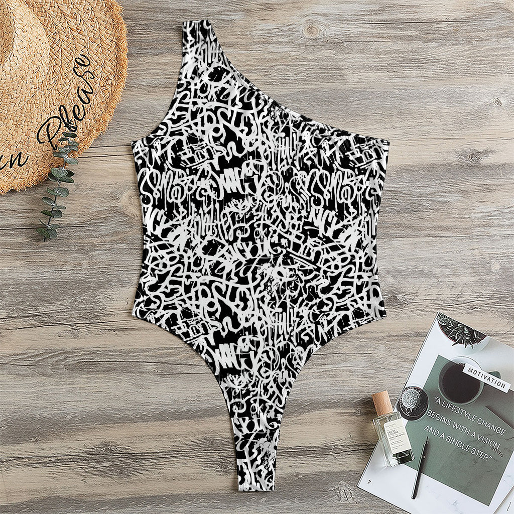 Black And White Graffiti Pattern Print One Shoulder Bodysuit