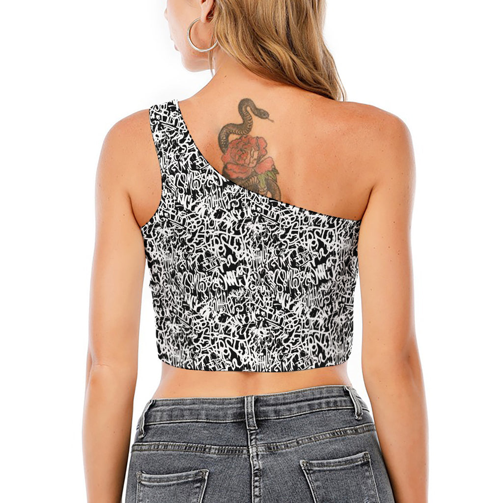 Black And White Graffiti Pattern Print One Shoulder Crop Top