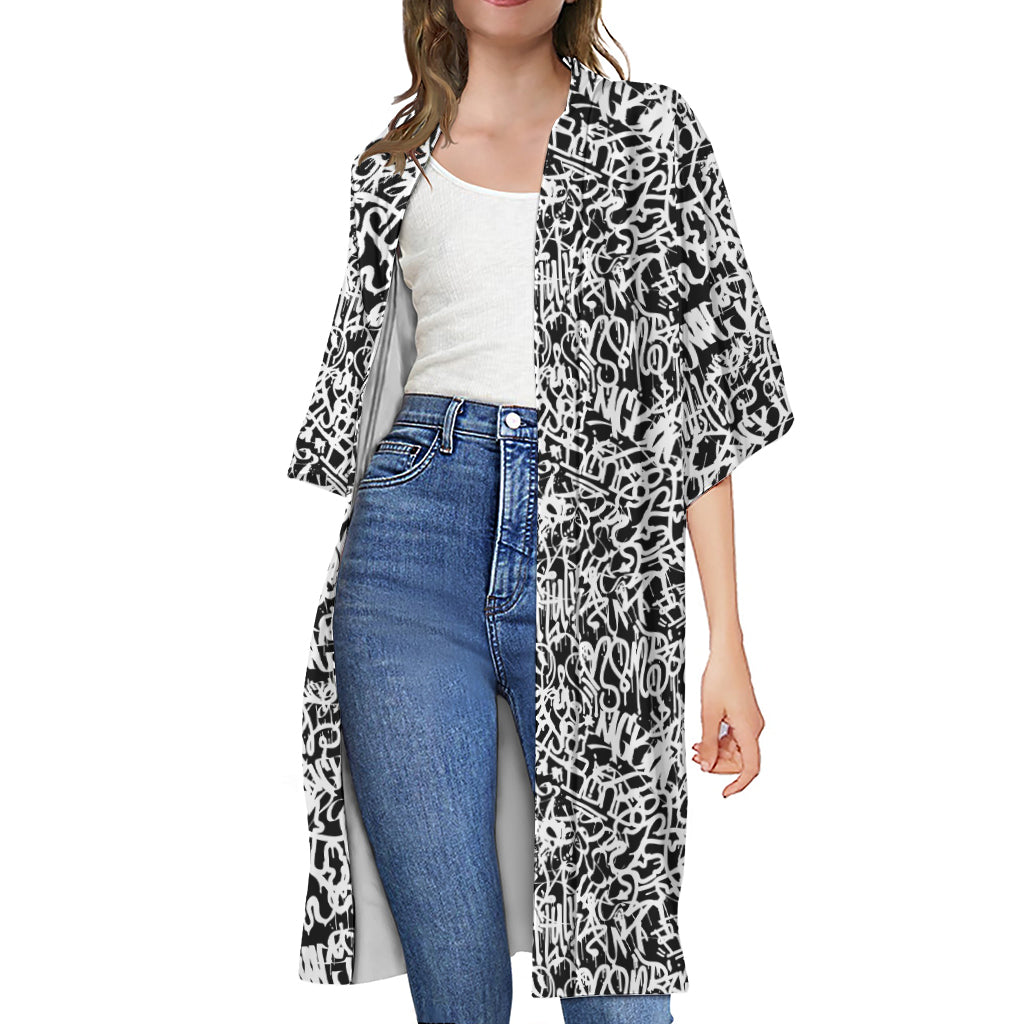 Black And White Graffiti Pattern Print Open Front Beach Cover Up