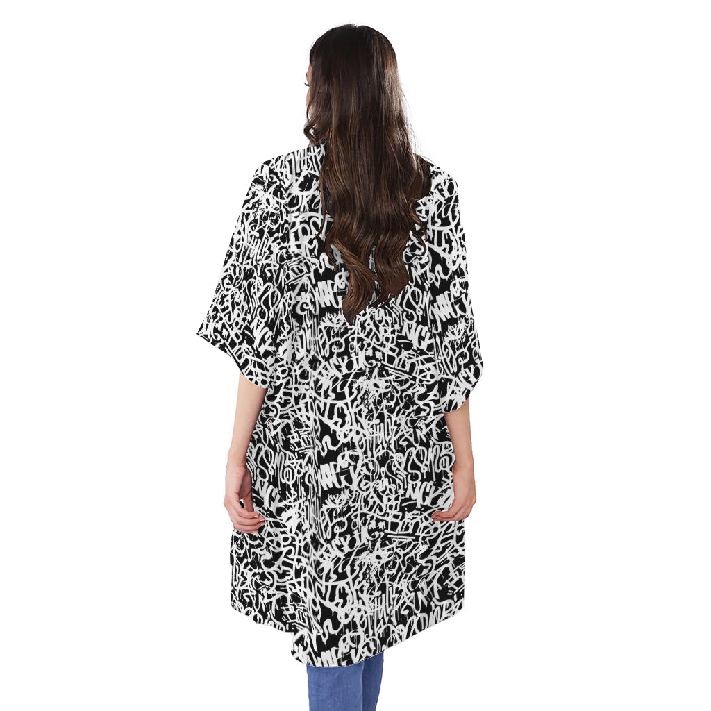 Black And White Graffiti Pattern Print Open Front Beach Cover Up