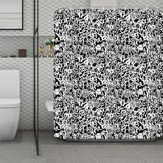 Black And White Graffiti Pattern Print Polyester Shower Curtain