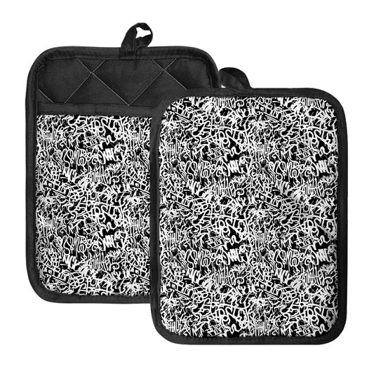 Black And White Graffiti Pattern Print Pot Holders With Pocket