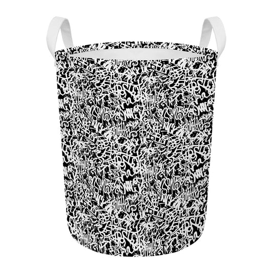 Black And White Graffiti Pattern Print Round Laundry Basket