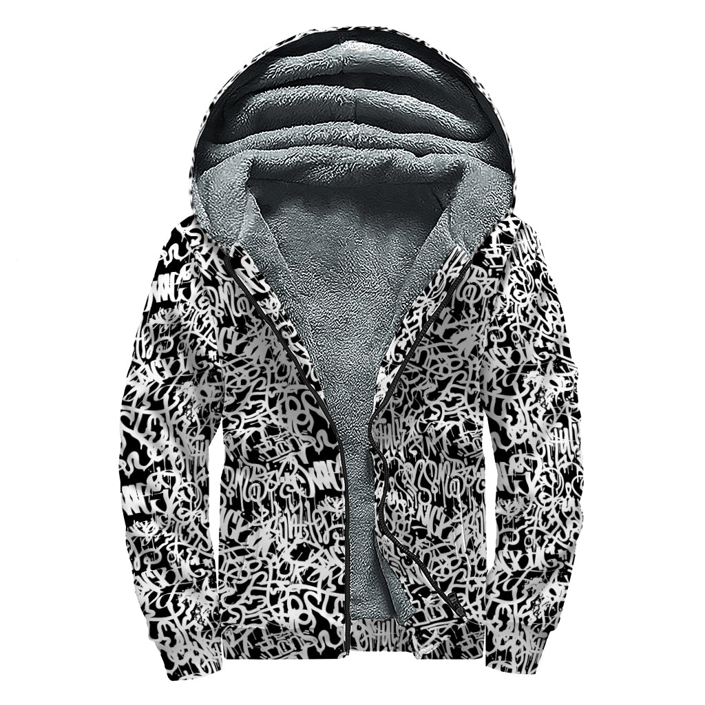 Black And White Graffiti Pattern Print Sherpa Lined Zip Up Hoodie