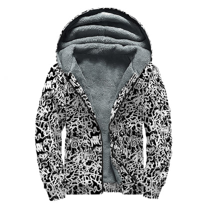 Black And White Graffiti Pattern Print Sherpa Lined Zip Up Hoodie