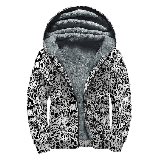 Black And White Graffiti Pattern Print Sherpa Lined Zip Up Hoodie