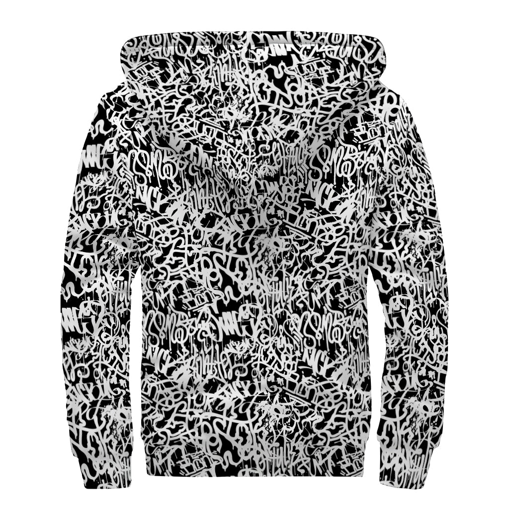 Black And White Graffiti Pattern Print Sherpa Lined Zip Up Hoodie