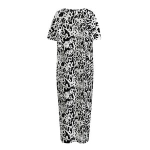 Black And White Graffiti Pattern Print Short Sleeve Long Nightdress