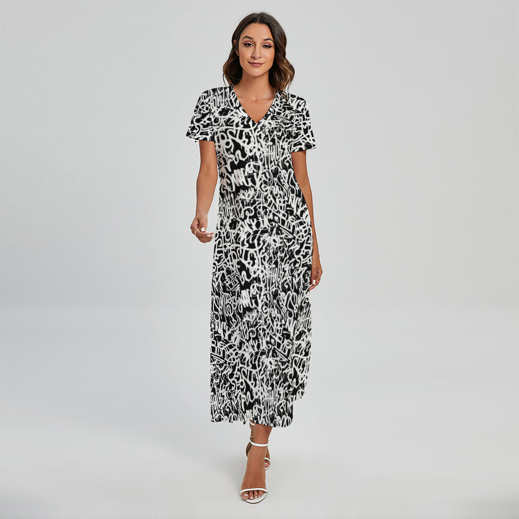 Black And White Graffiti Pattern Print Short Sleeve Maxi Dress