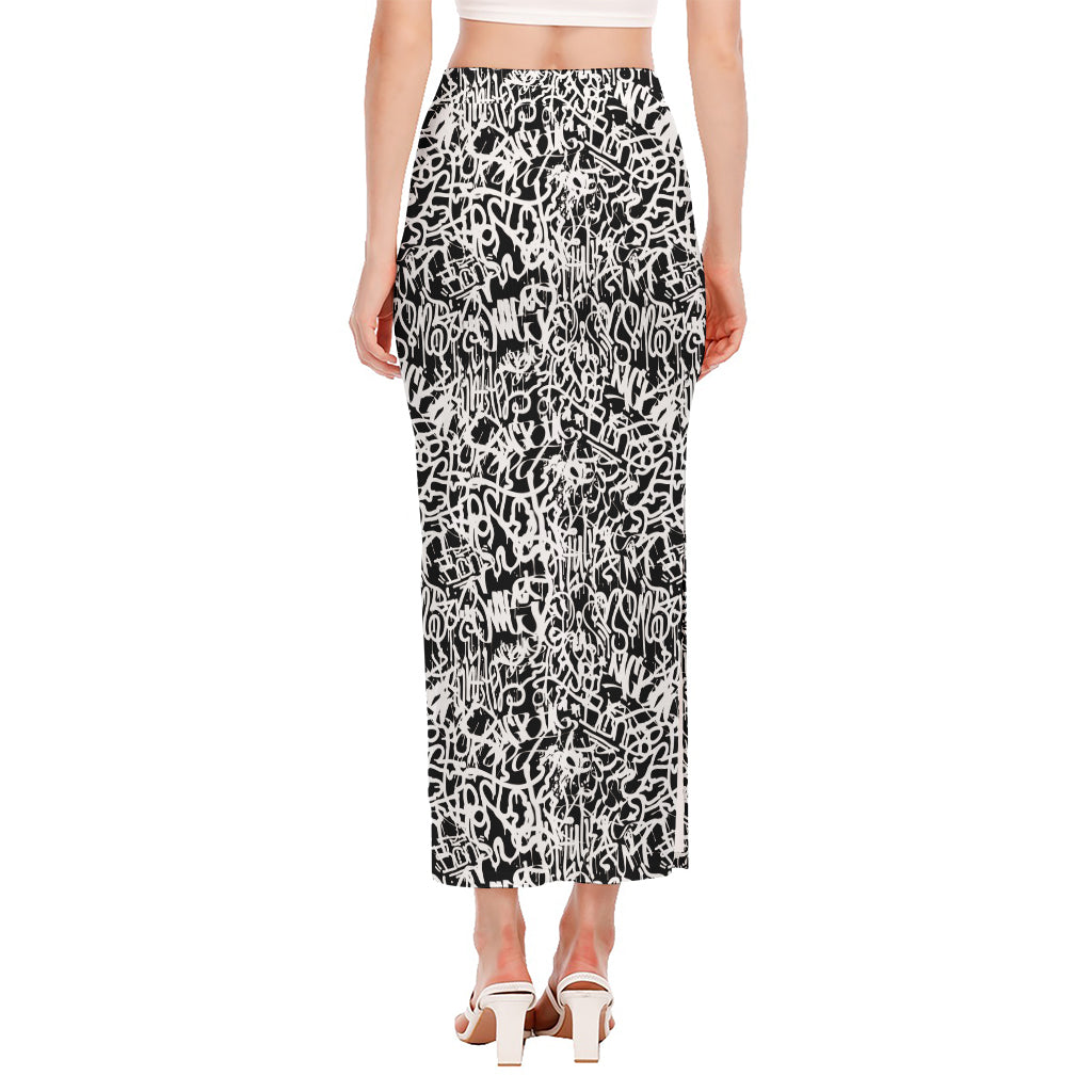 Black And White Graffiti Pattern Print Side Slit Maxi Skirt