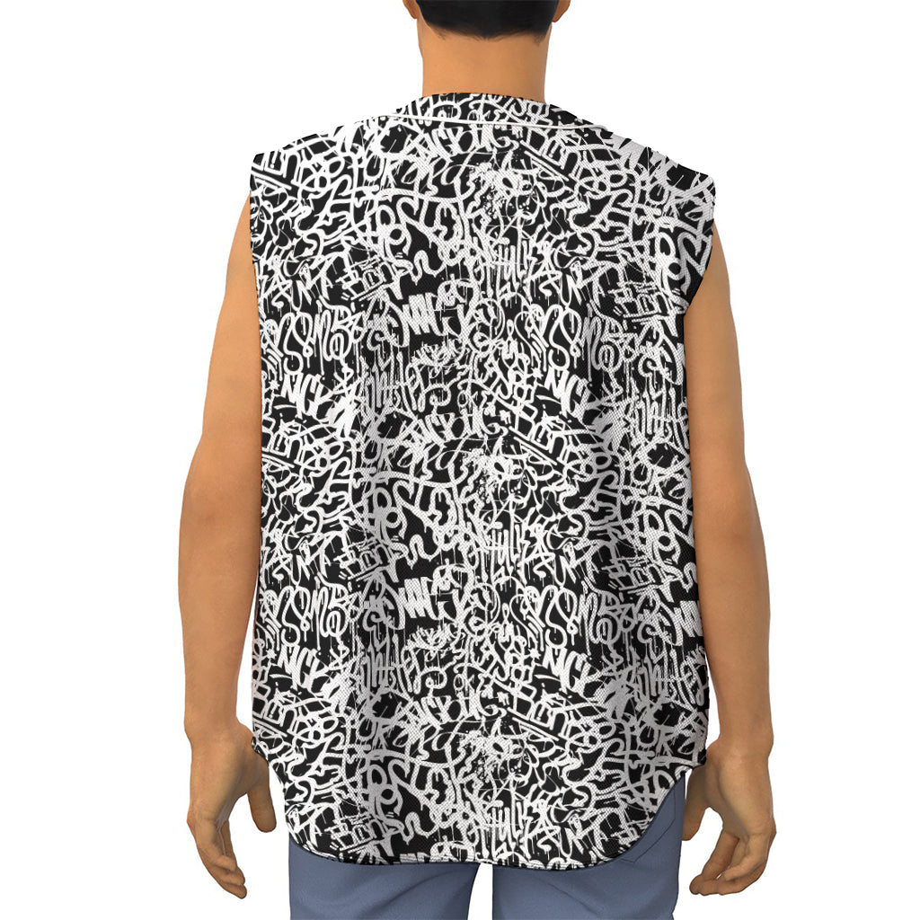 Black And White Graffiti Pattern Print Sleeveless Baseball Jersey