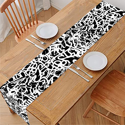 Black And White Graffiti Pattern Print Table Runner