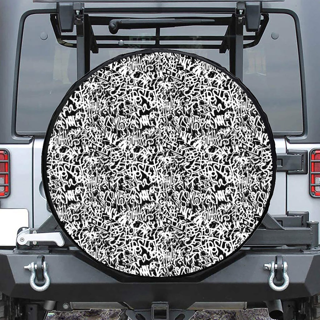Black And White Graffiti Pattern Print Tire Cover