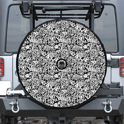 Black And White Graffiti Pattern Print Tire Cover With Camera Hole