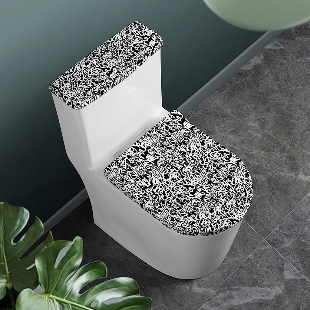 Black And White Graffiti Pattern Print Toilet Lid And Tank Cover Set