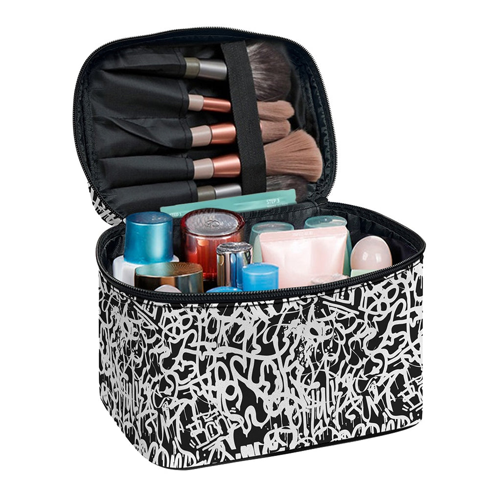 Black And White Graffiti Pattern Print Travel Makeup Bag