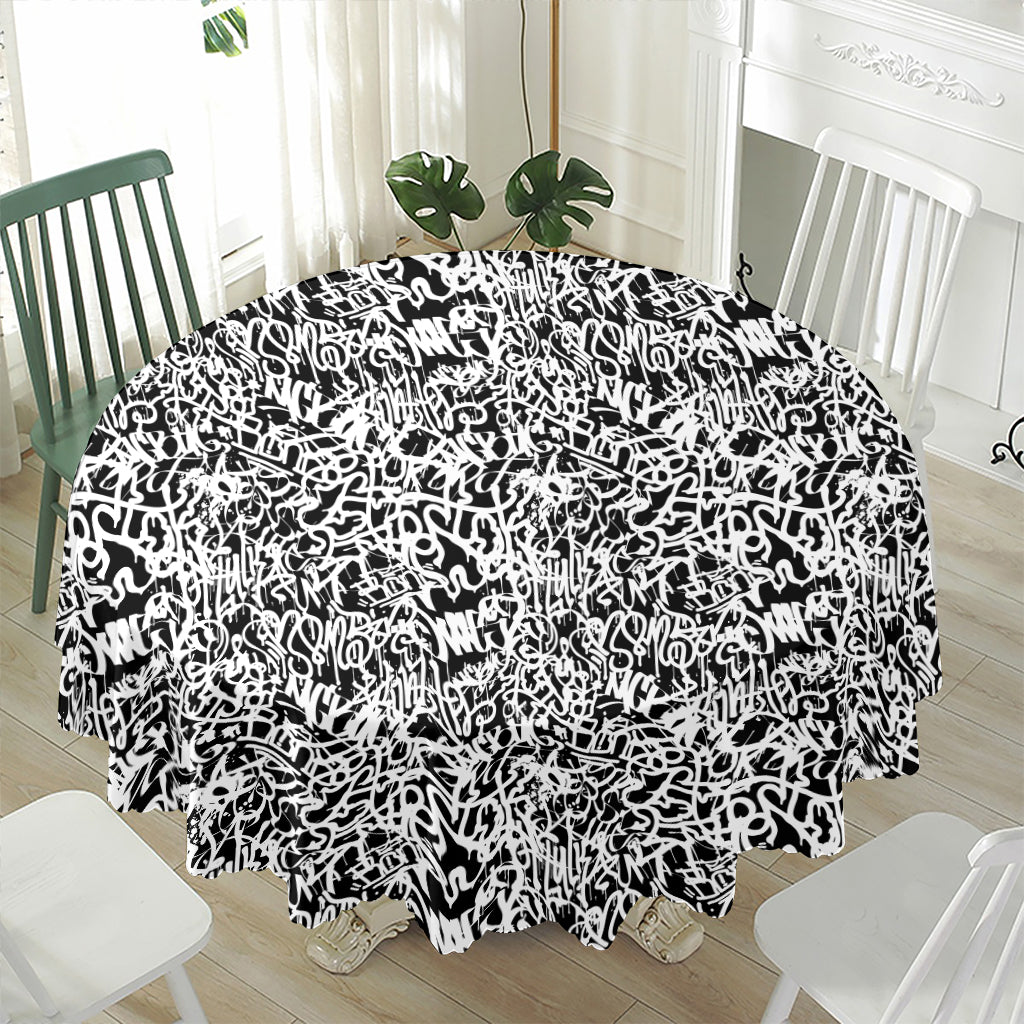 Black And White Graffiti Pattern Print Waterproof Round Tablecloth