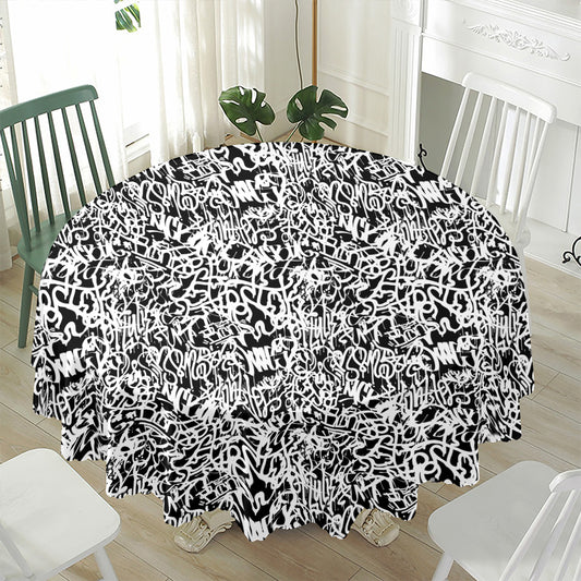 Black And White Graffiti Pattern Print Waterproof Round Tablecloth