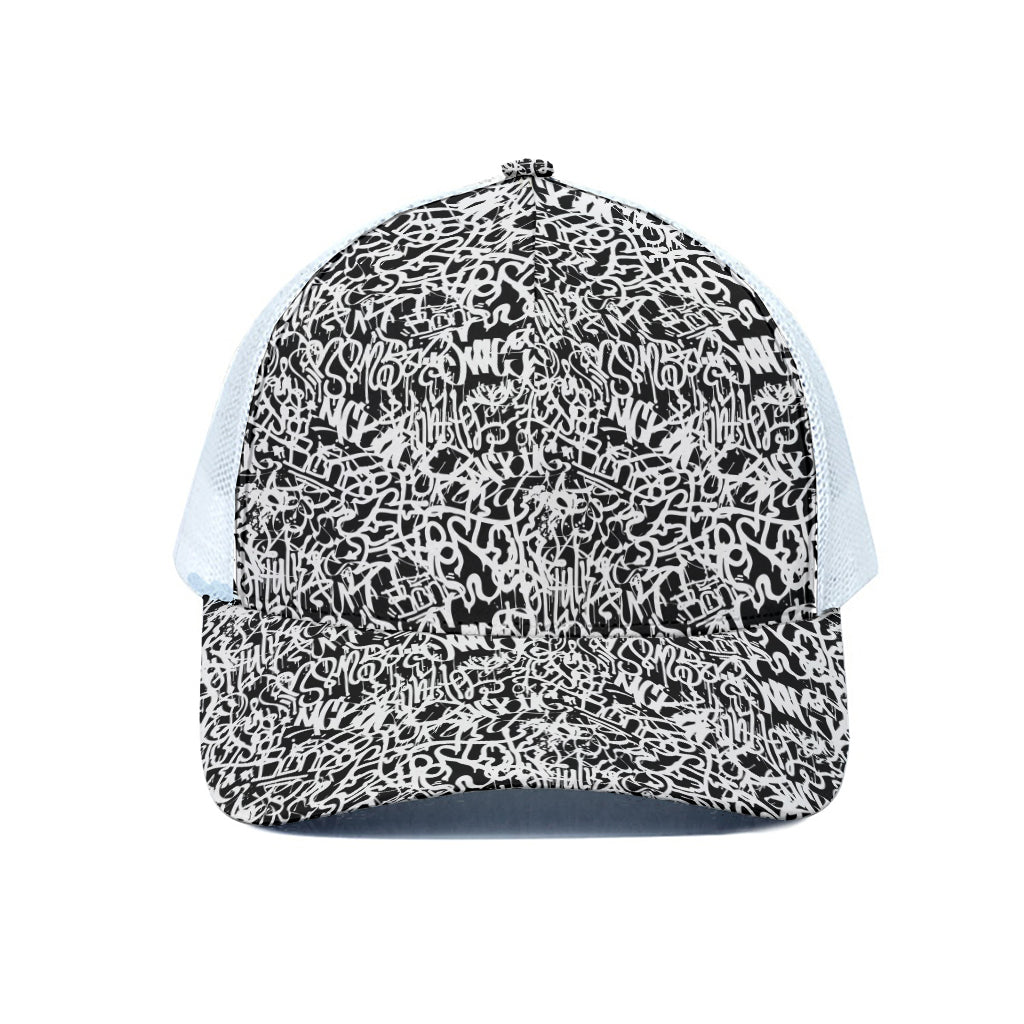 Black And White Graffiti Pattern Print White Mesh Trucker Cap