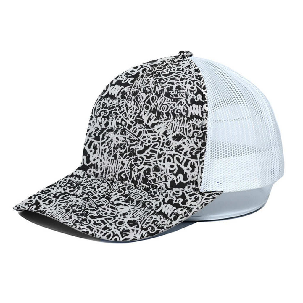 Black And White Graffiti Pattern Print White Mesh Trucker Cap