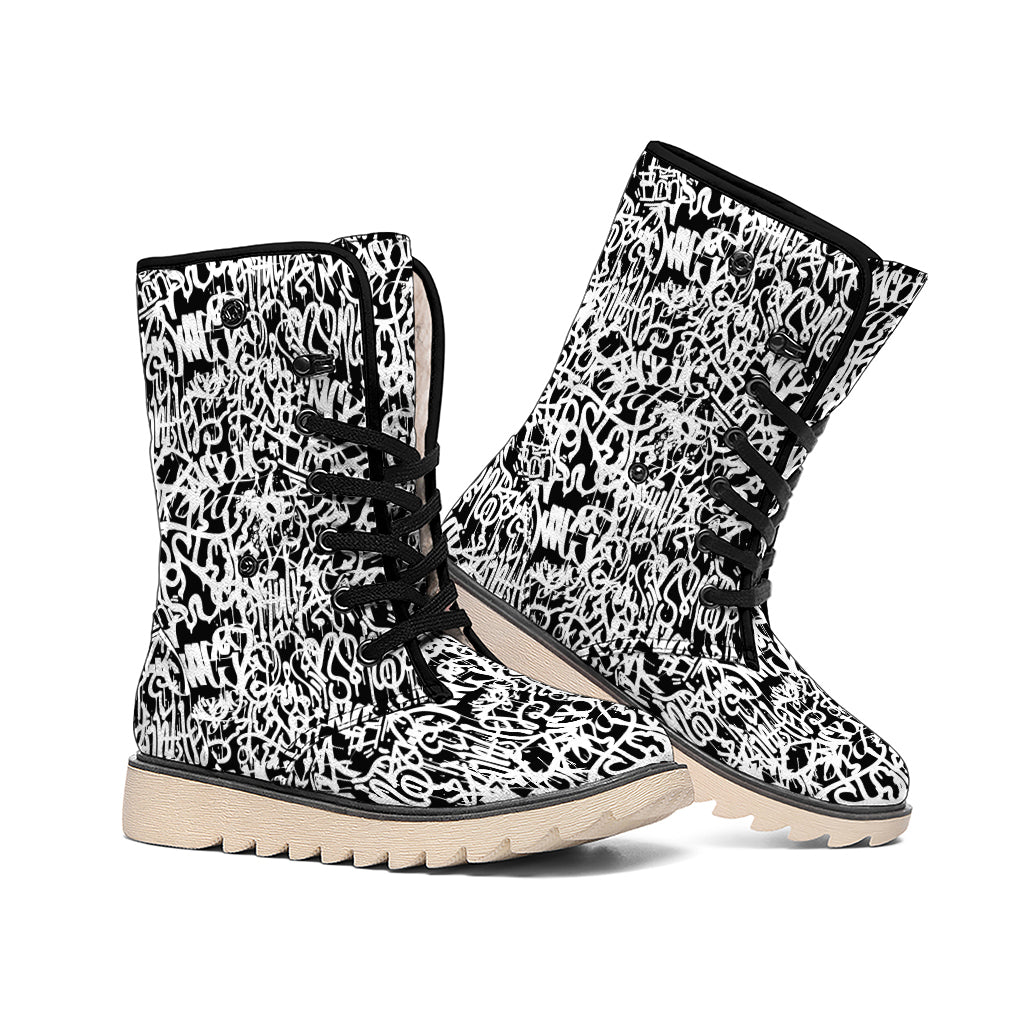 Black And White Graffiti Pattern Print Winter Boots