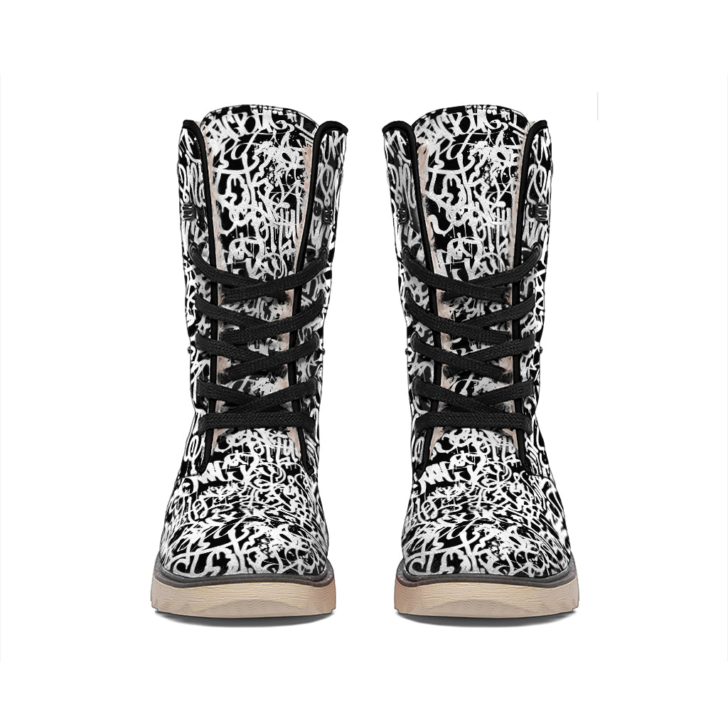 Black And White Graffiti Pattern Print Winter Boots
