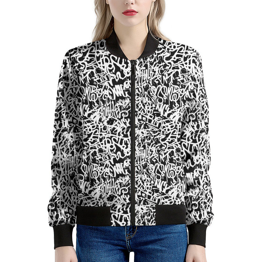 Black And White Graffiti Pattern Print Women's Bomber Jacket