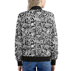 Black And White Graffiti Pattern Print Women's Bomber Jacket