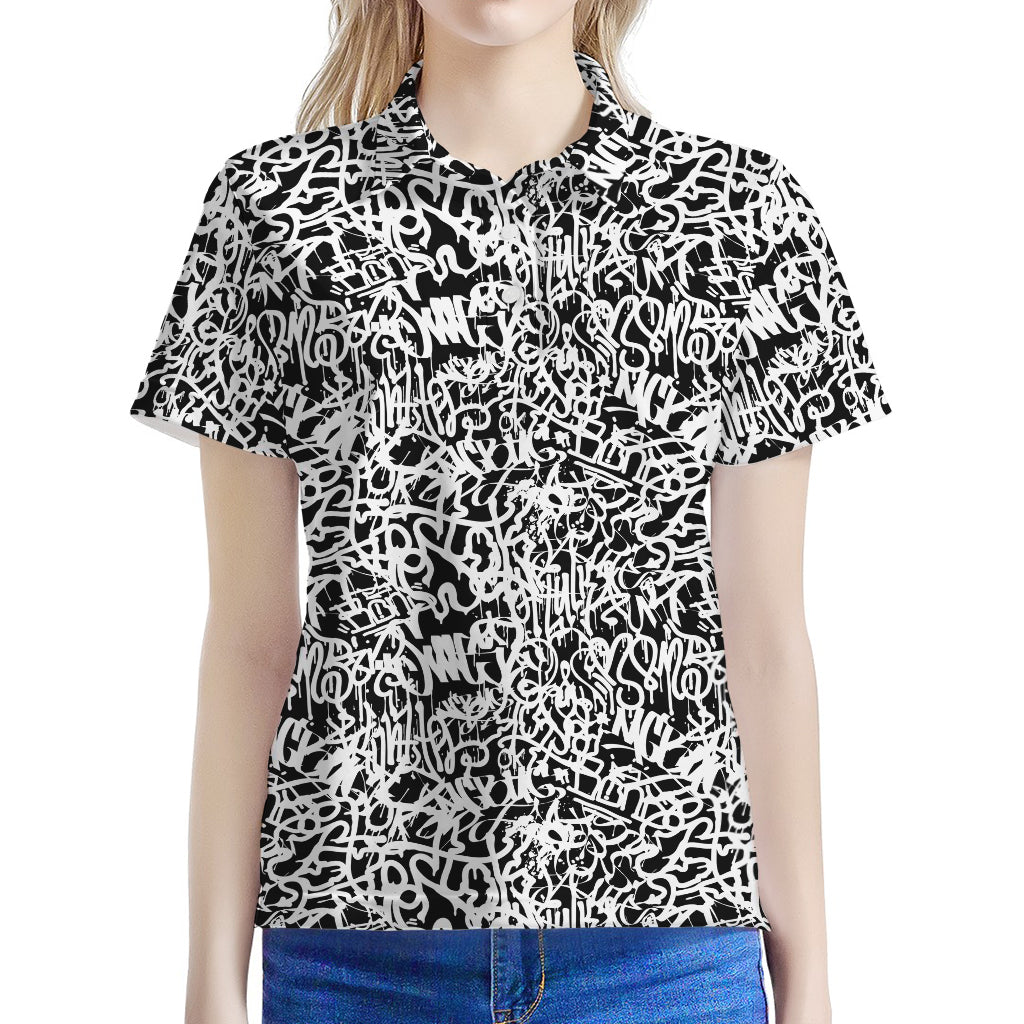 Black And White Graffiti Pattern Print Women's Polo Shirt