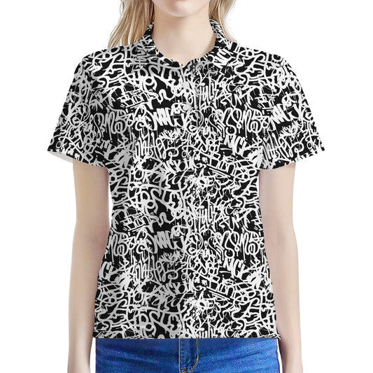 Black And White Graffiti Pattern Print Women's Polo Shirt