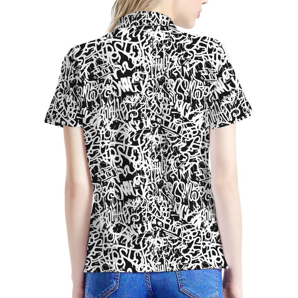 Black And White Graffiti Pattern Print Women's Polo Shirt