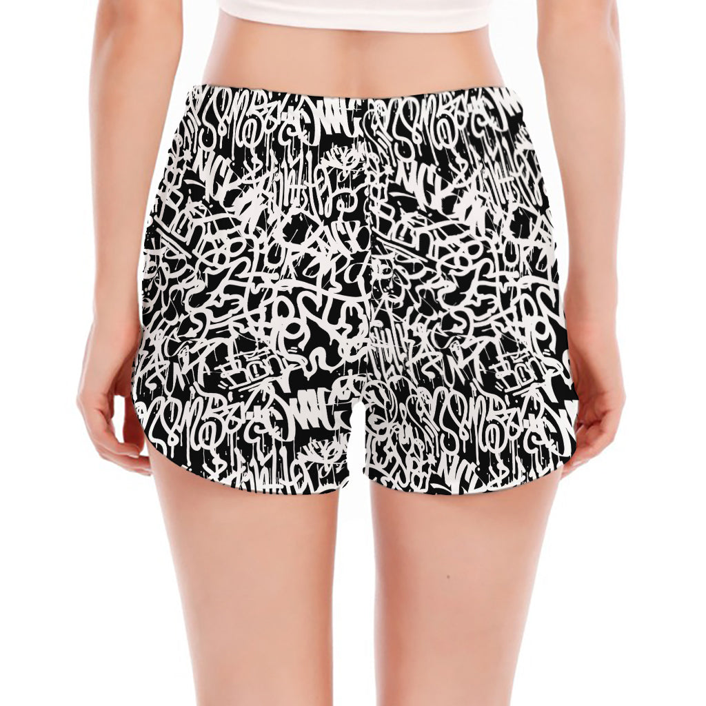 Black And White Graffiti Pattern Print Women's Split Running Shorts