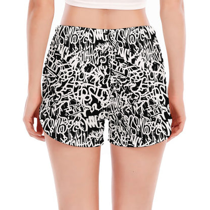 Black And White Graffiti Pattern Print Women's Split Running Shorts