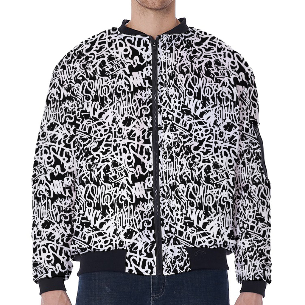 Black And White Graffiti Pattern Print Zip Sleeve Bomber Jacket