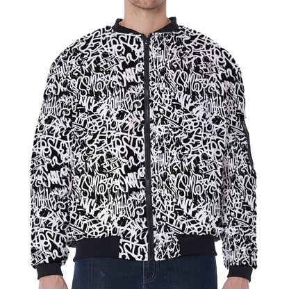 Black And White Graffiti Pattern Print Zip Sleeve Bomber Jacket