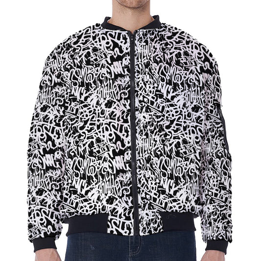 Black And White Graffiti Pattern Print Zip Sleeve Bomber Jacket