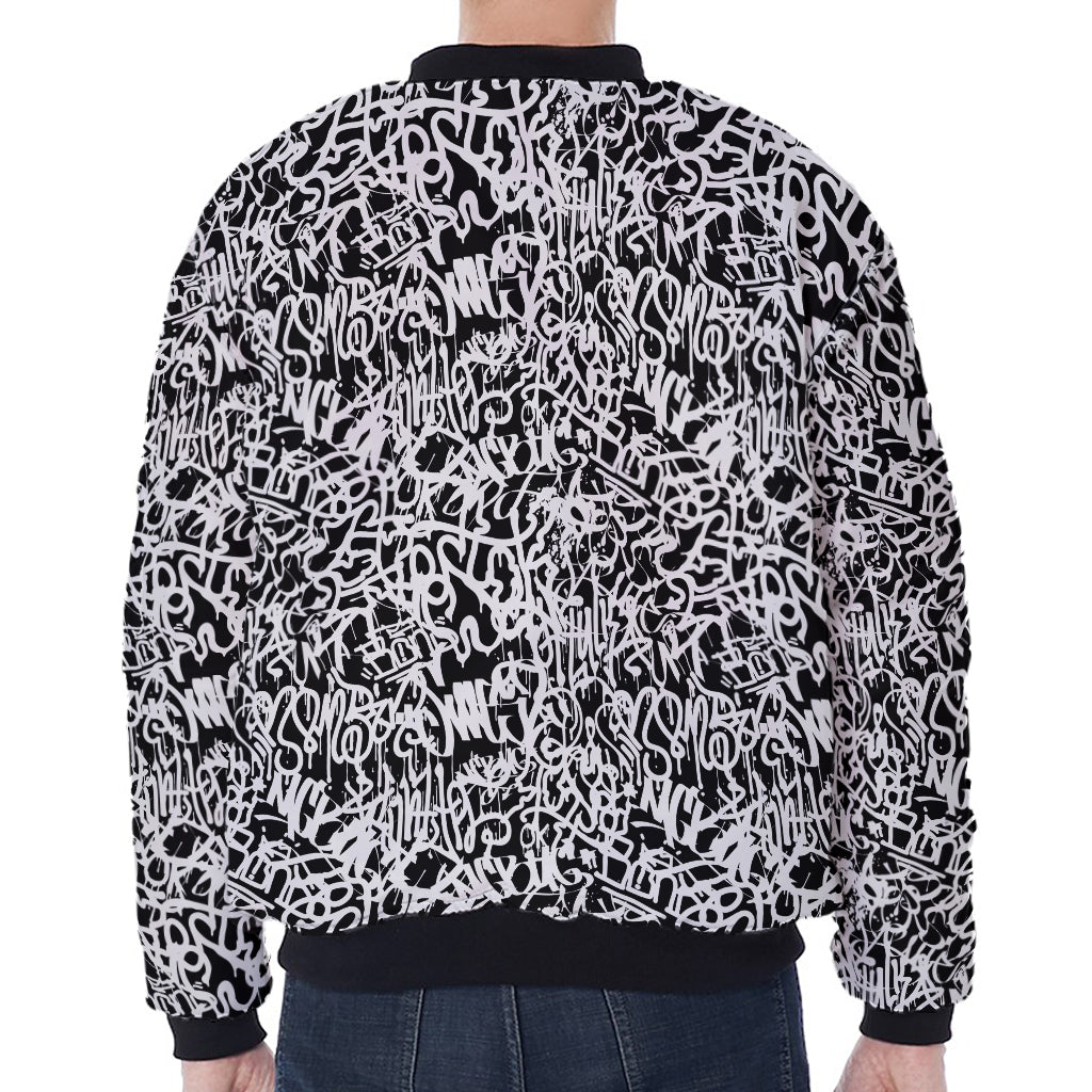Black And White Graffiti Pattern Print Zip Sleeve Bomber Jacket