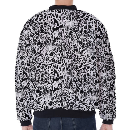 Black And White Graffiti Pattern Print Zip Sleeve Bomber Jacket