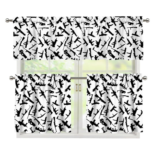 Black And White Guns Pattern Print 3 Piece Kitchen Curtains