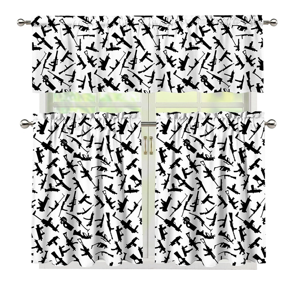 Black And White Guns Pattern Print 3 Piece Kitchen Curtains